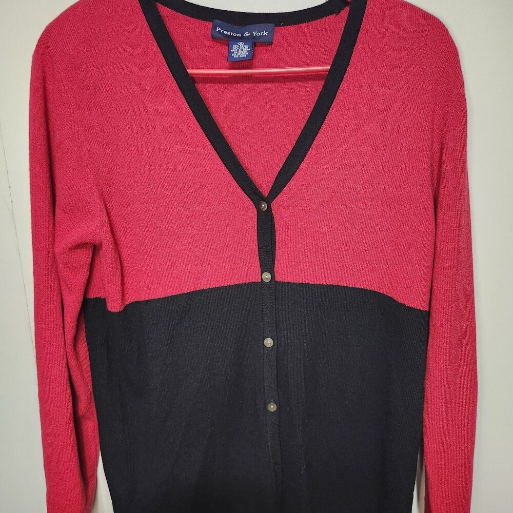 Preston & York Red Black Colorblock Y2k Ivy League Cardigan Sweater V-Neck Small - Picture 4 of 10